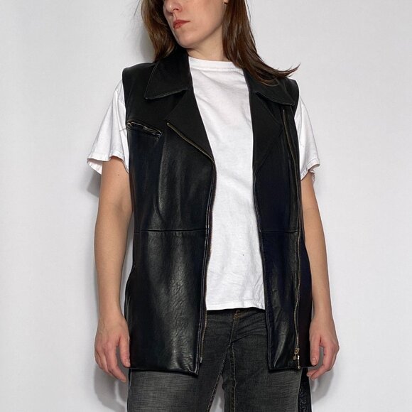 Vintage 1990s REAL LEATHER Long Tunic Motorcycle Biker Zip Up Vest! Medium - Picture 5 of 8